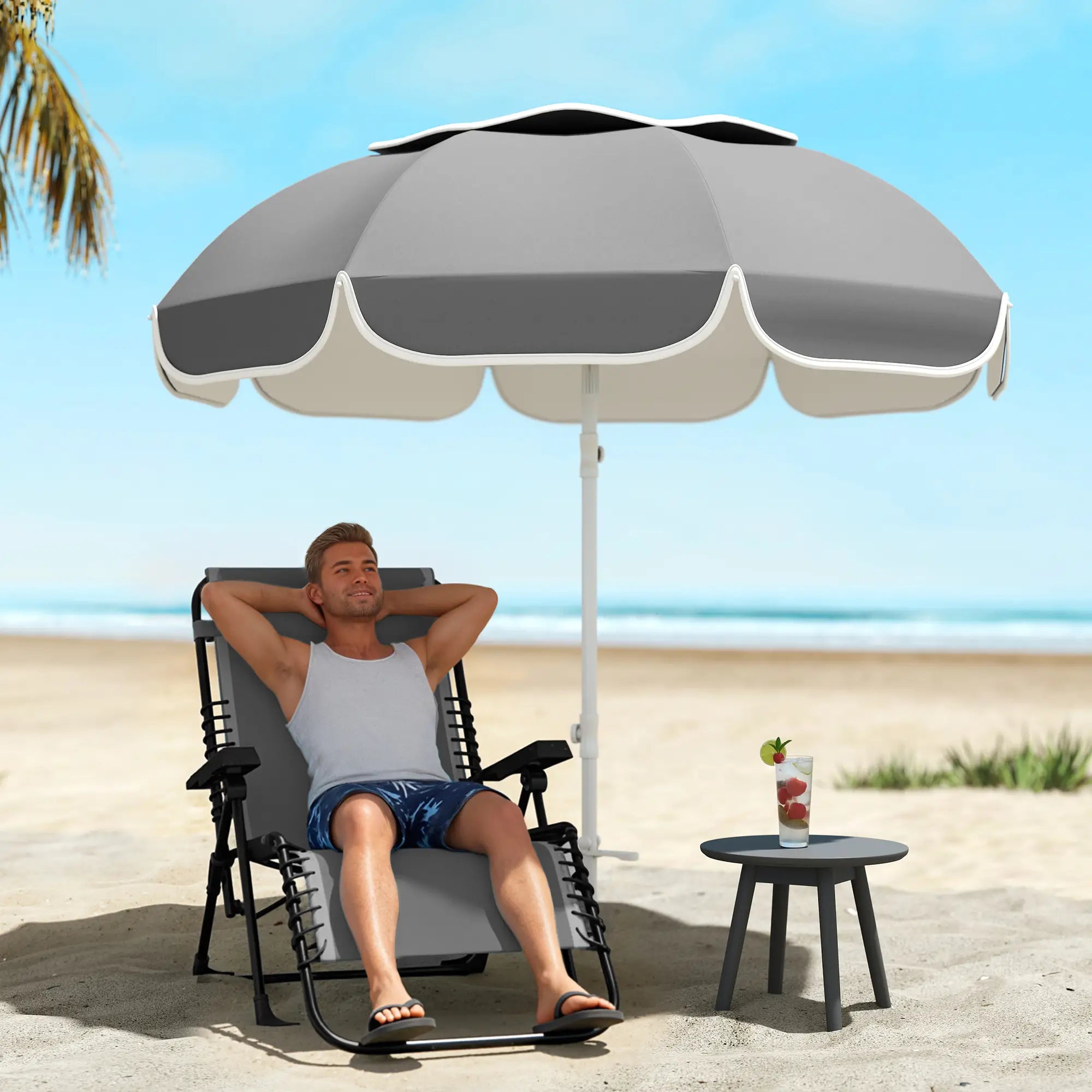 6 ft Portable Beach Umbrella, Sand Anchor, Carry Bag, Adjustable, UPF50+, Grey Beach Umbrellas at Gallery Canada