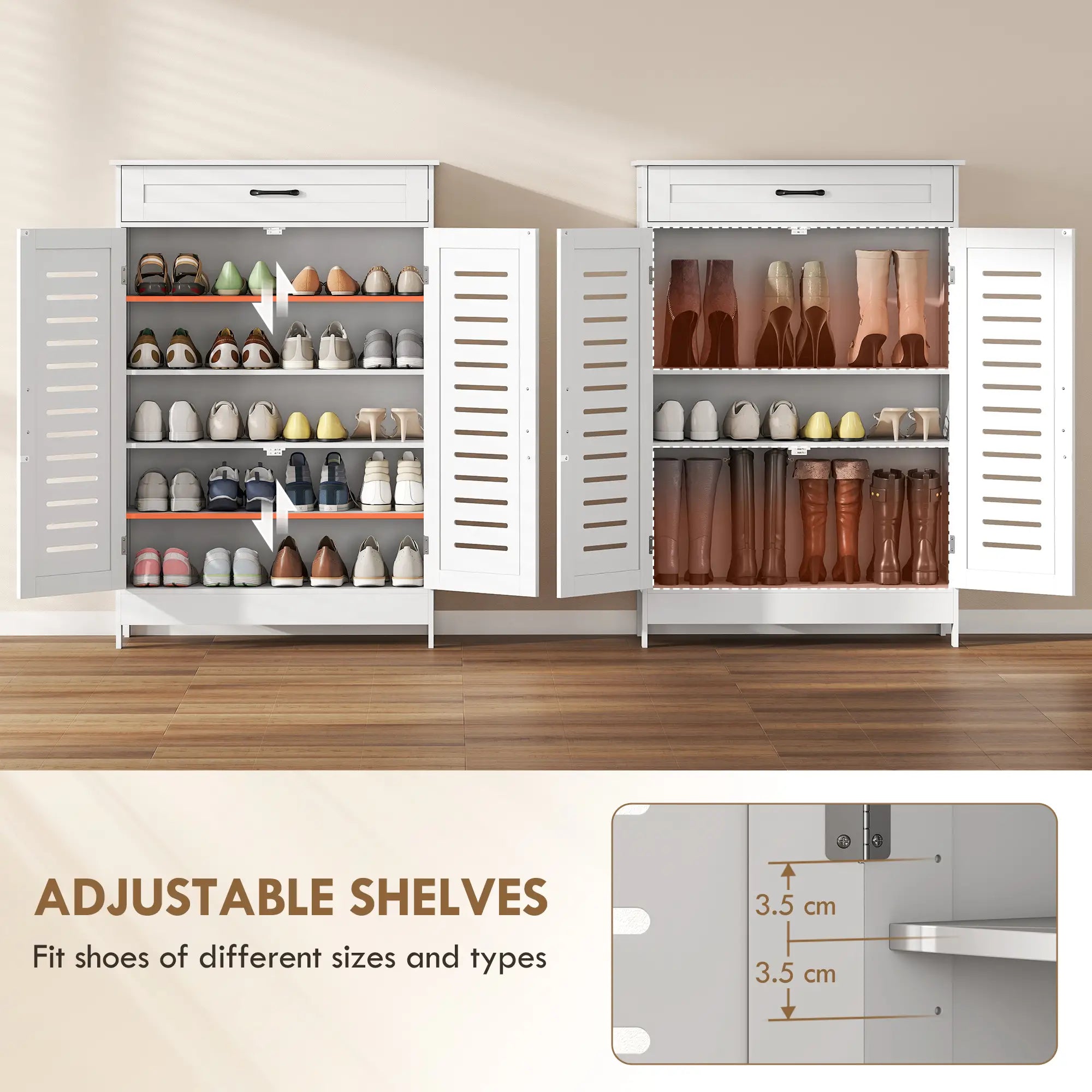 Shoe Cabinet With Louvered Doors, Drawer, Adjustable Shelves, White Shoe Storage Cabinets & Racks at Gallery Canada
