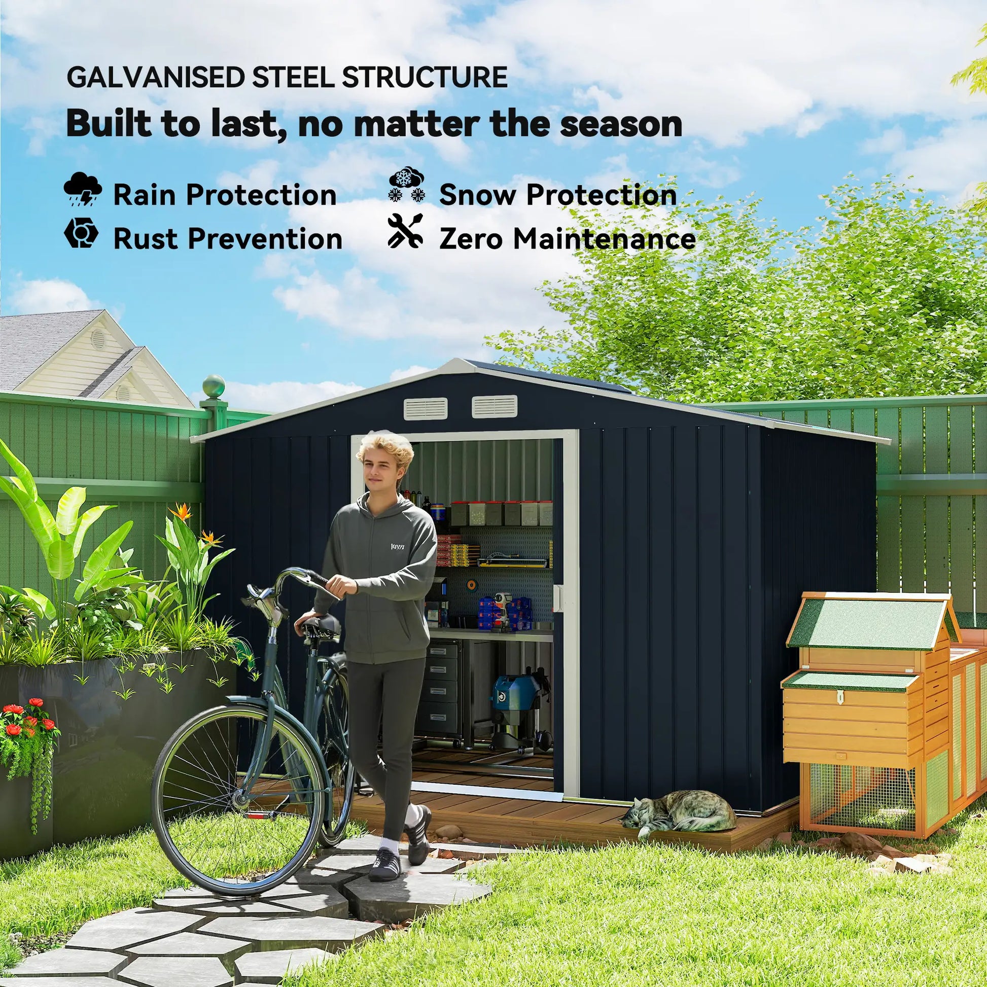 9.1'x6.4'x6.3' Garden Storage Shed, Foundation Kit, Metal Tool House, Double Doors, Dark Grey Sheds at Gallery Canada