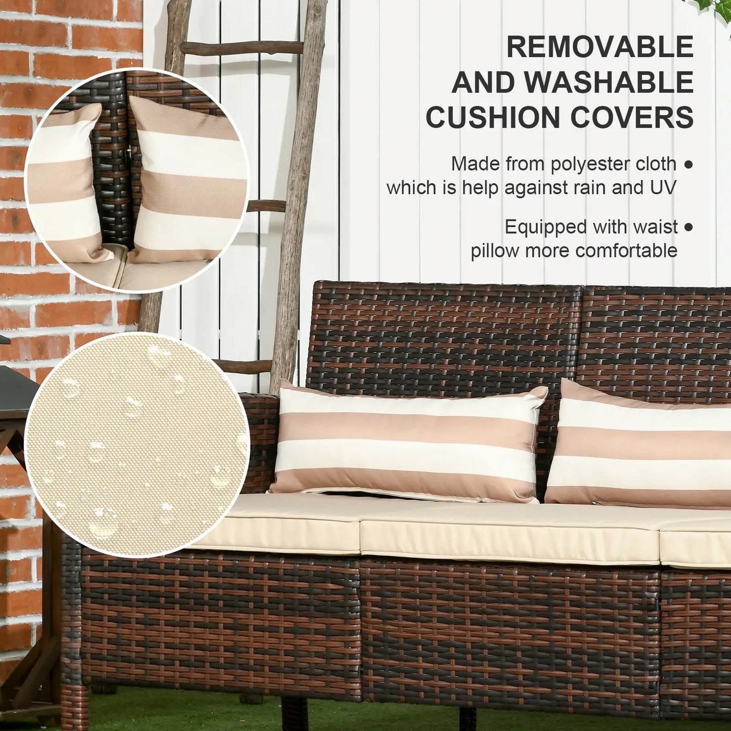 3-Seater Wicker Sofa, PE Rattan Outdoor Couch, Removable Cushions, Brown Patio Furniture Sets at Gallery Canada