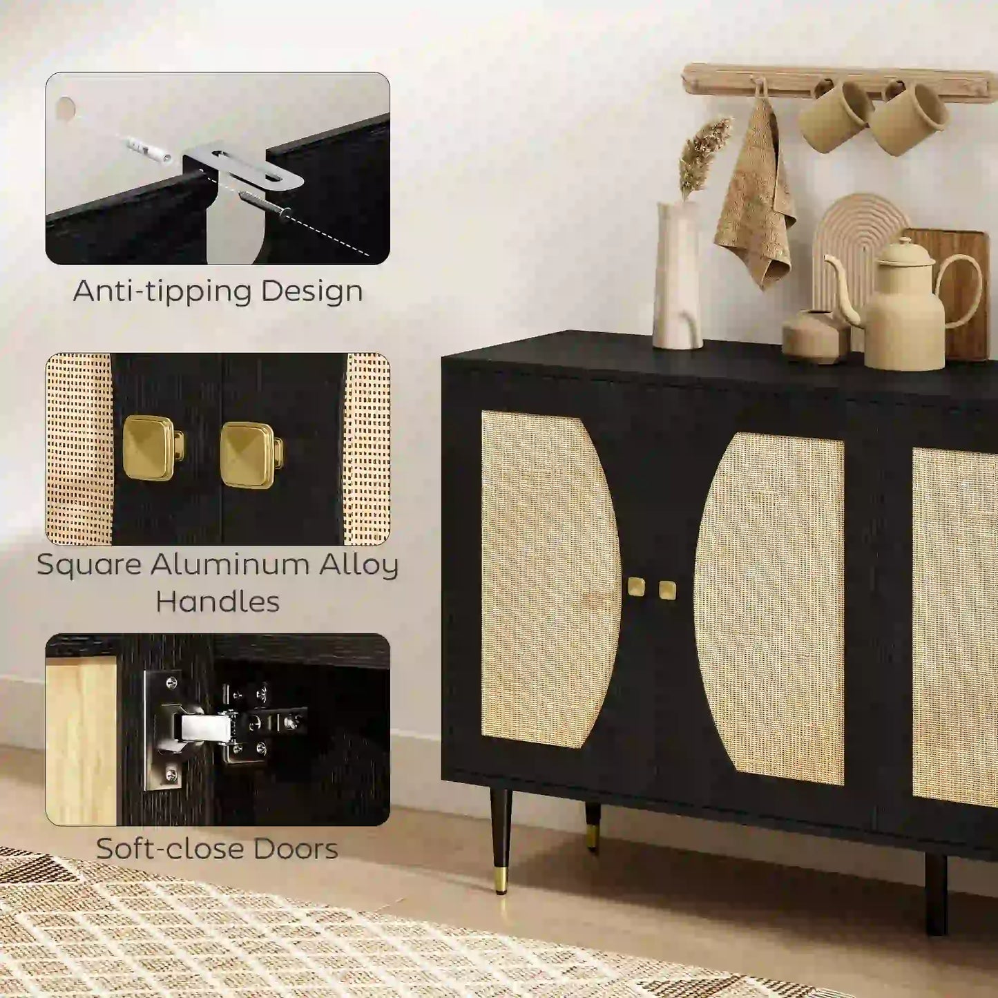 55" Sideboard Buffet Cabinet, Boho Storage With Adjustable Shelves, Black Storage Cabinets at Gallery Canada