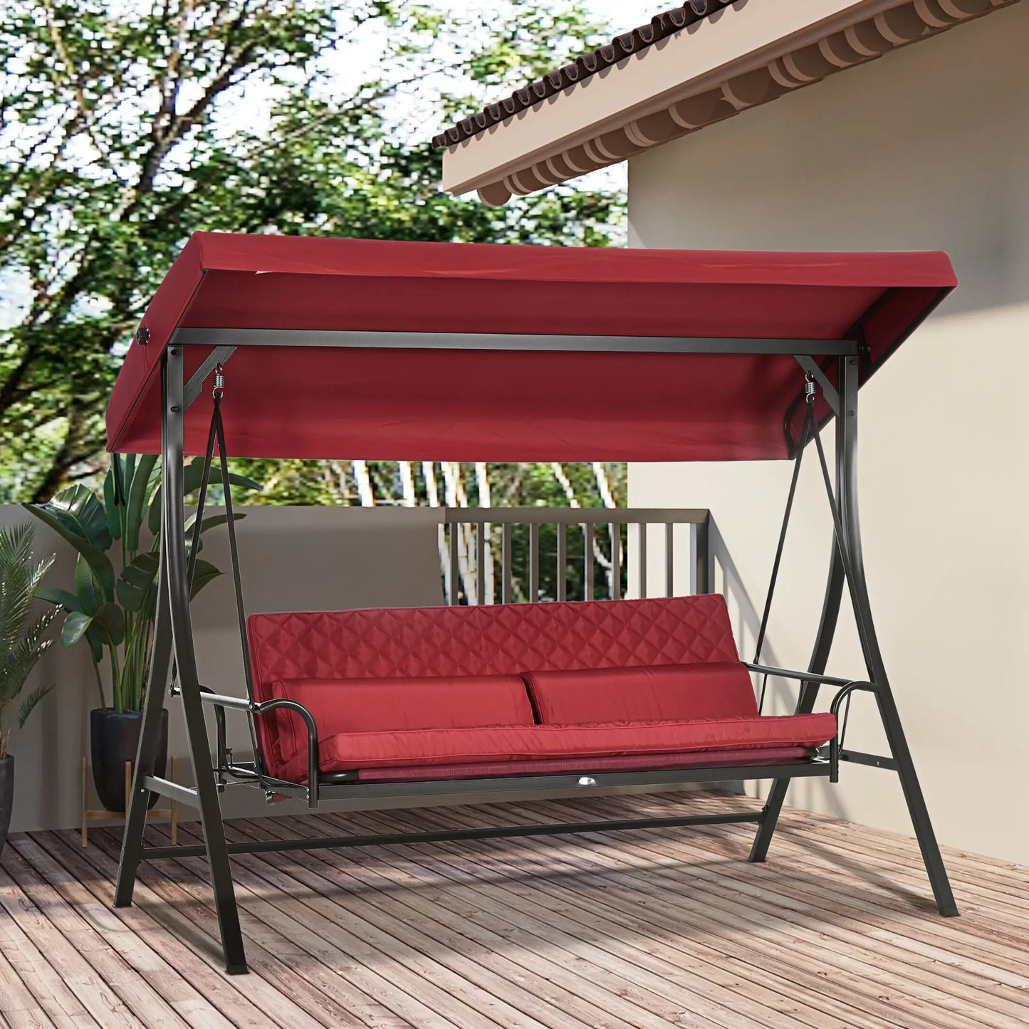 3 Person Porch Swing Bed, Outdoor Patio Chair with Canopy, Cushions, Red Patio Swings with Stand at Gallery Canada