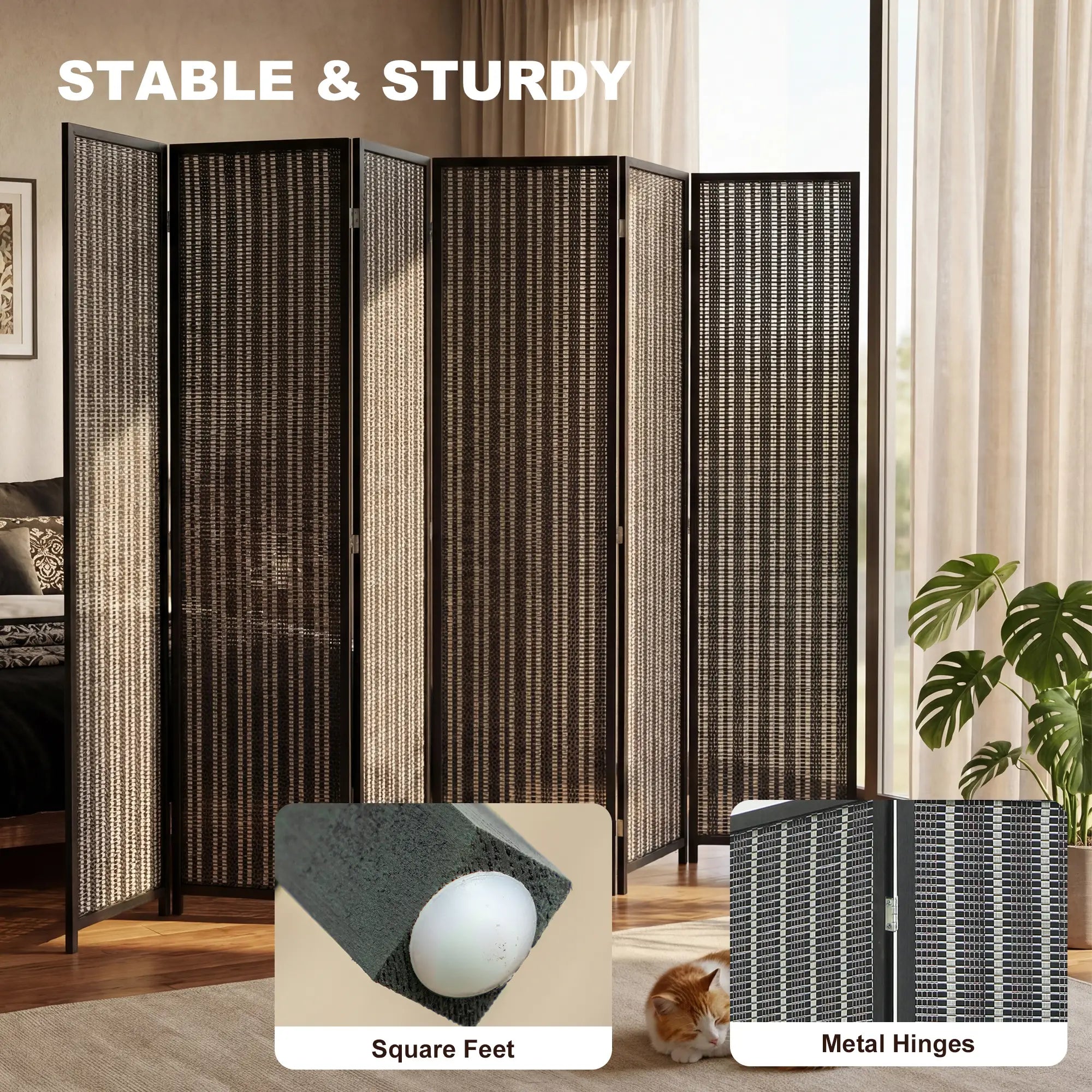 Folding Privacy Screen, 6 Panel Room Divider, Handwoven Bamboo, Black Room Dividers at Gallery Canada