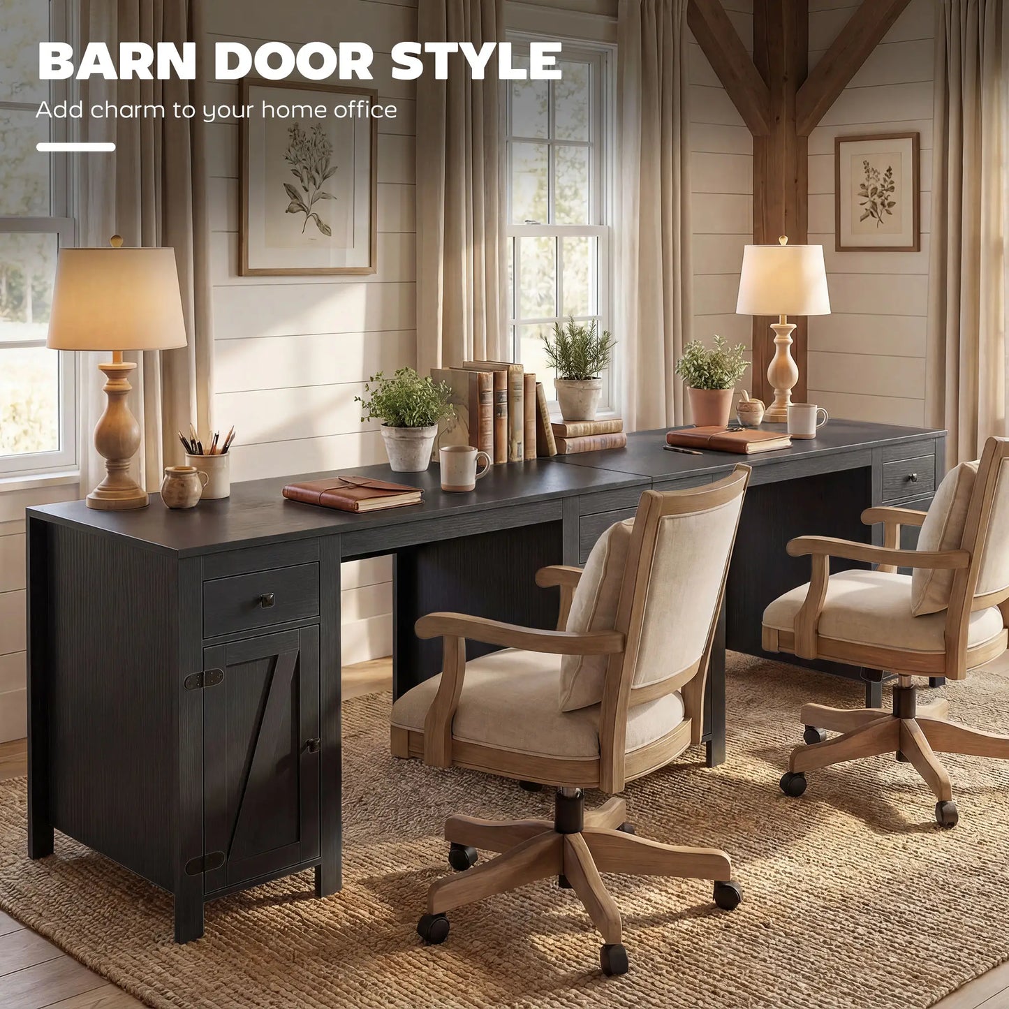 53" Farmhouse Executive Desk, Computer Desk With Drawers, Black Wood Grain, Black Writing Desks at Gallery Canada