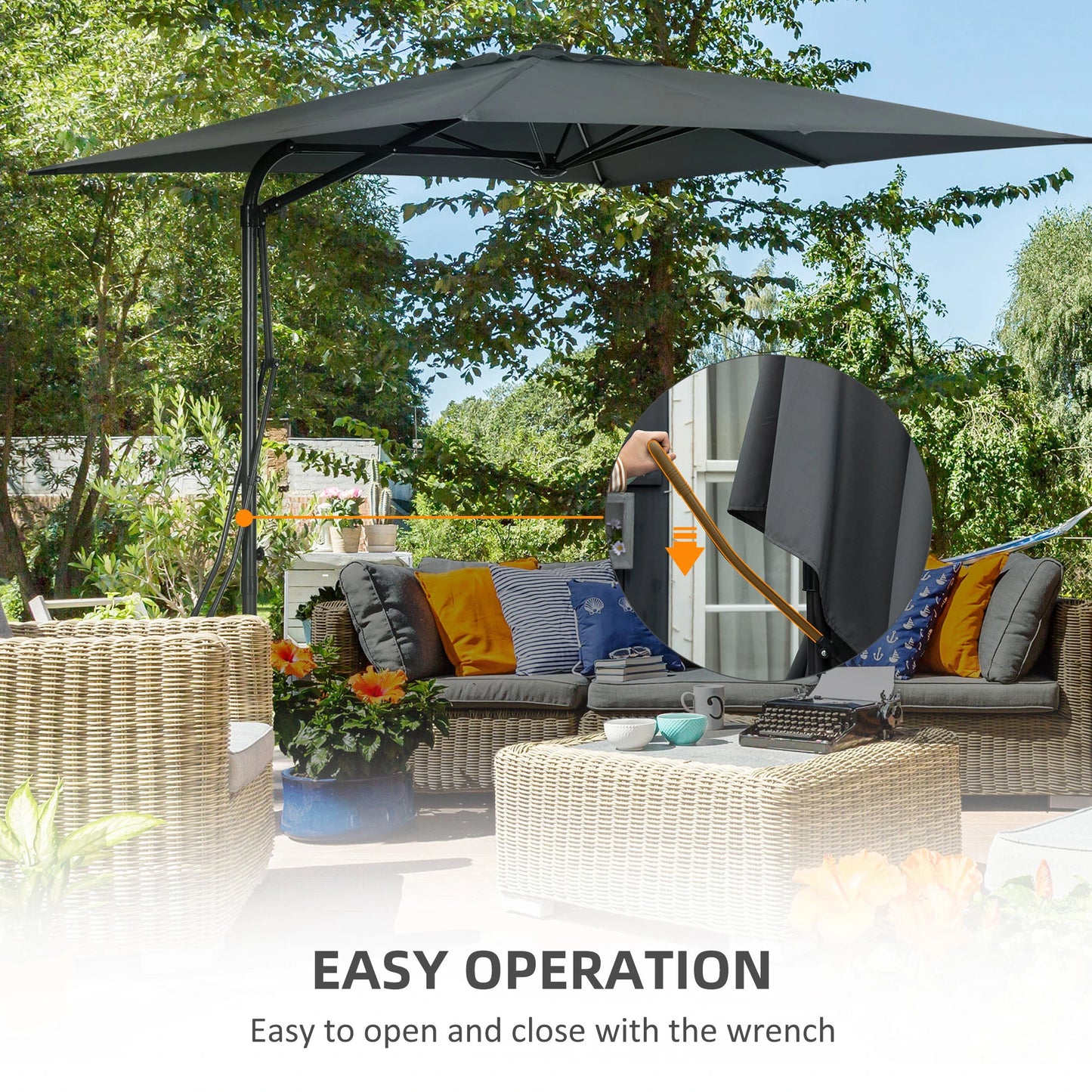 8FT Cantilever Patio Umbrella, Offset with Cross Base, Dark Gray Cantilever Umbrellas at Gallery Canada