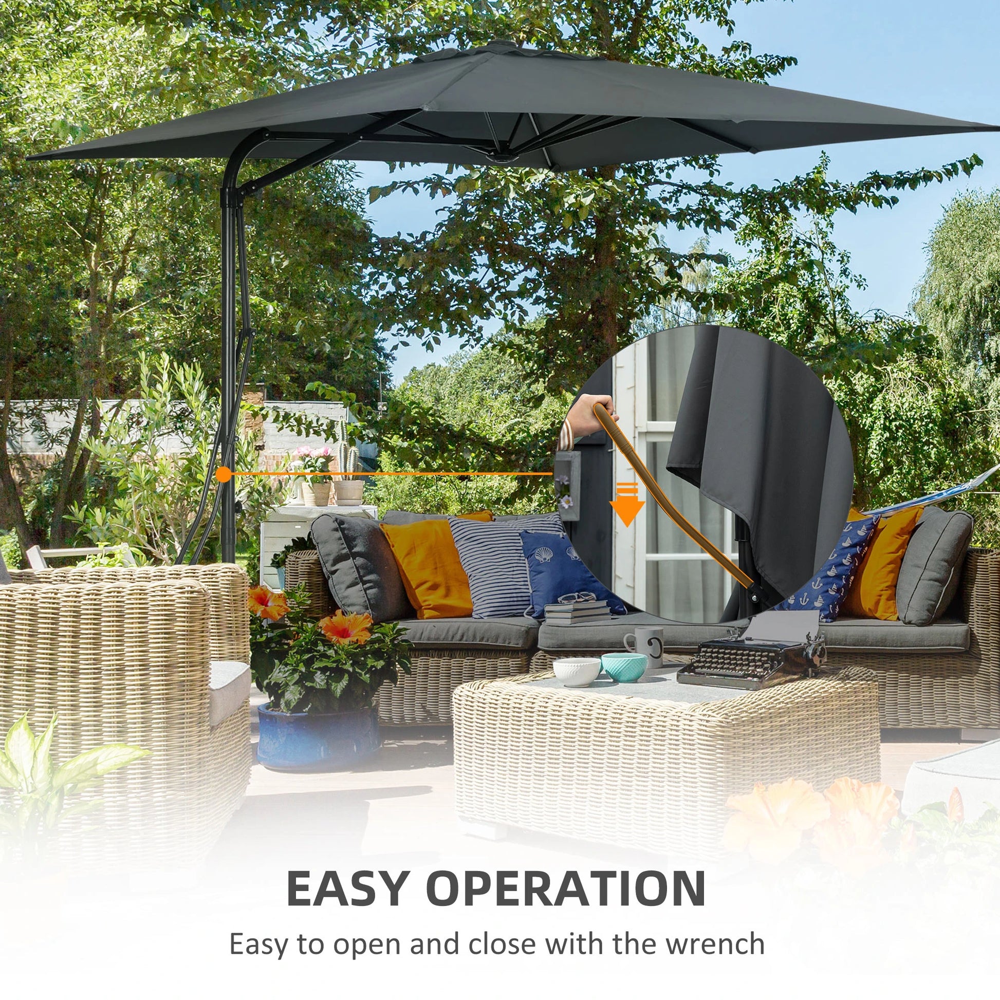 8FT Cantilever Patio Umbrella, Offset with Cross Base, Dark Gray Cantilever Umbrellas at Gallery Canada