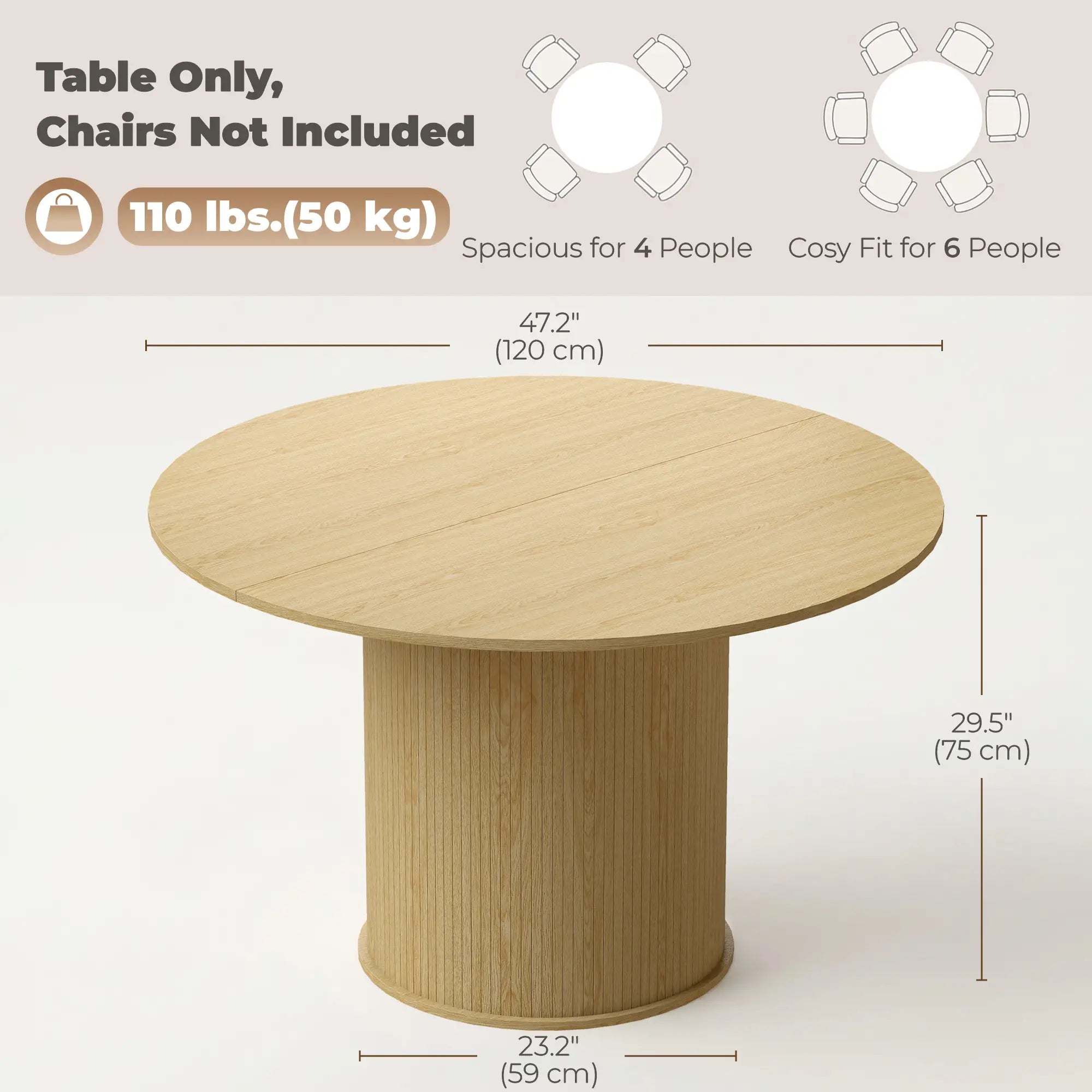 Round Dining Table For 5, 47 Inch, Fluted Pedestal Base, Natural Dining Tables at Gallery Canada