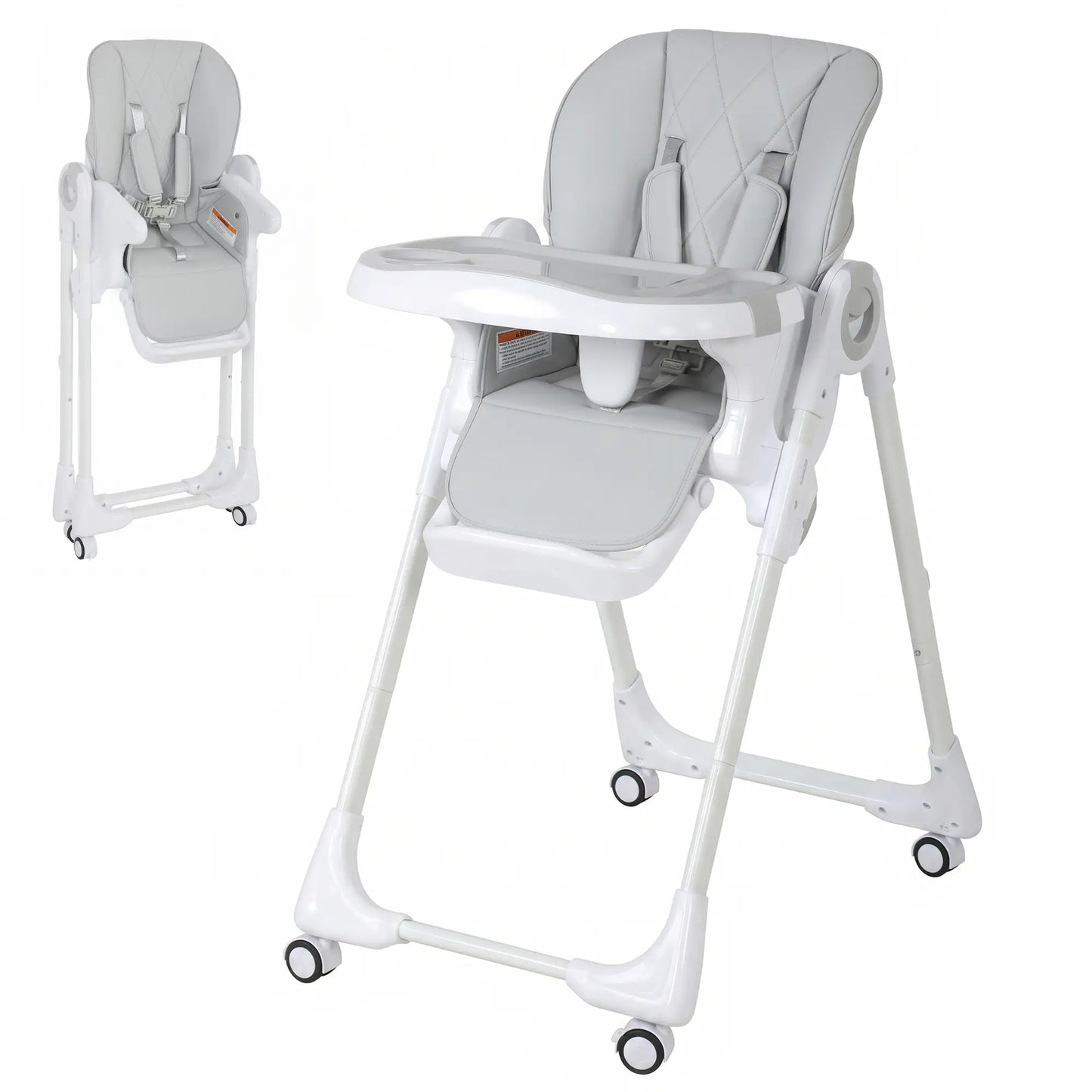 High Chair with Wheels, Double Tray, Foldable Baby Seat with Adjustable Seat Height, Backrest, Footrest and Tray, Grey