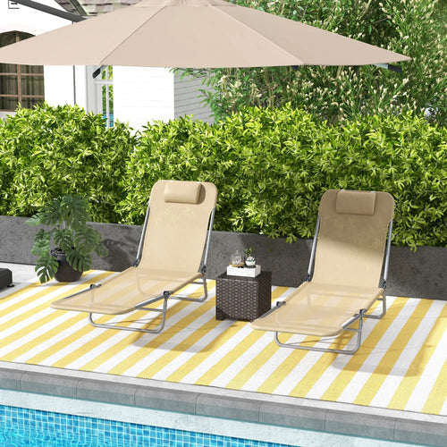 Folding Outdoor Lounge Chair Set, 2 Reclining Tanning Chairs, 5-Position Adjustable Backrest, Brown