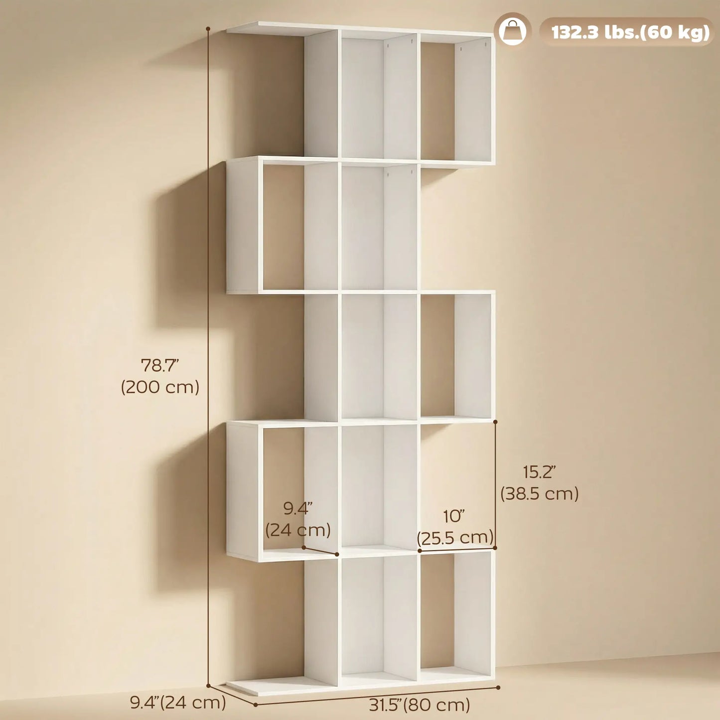 5-Tier Bookshelf, S Shaped Geometric Bookcase, White Wood Grain, White Display Bookshelves at Gallery Canada