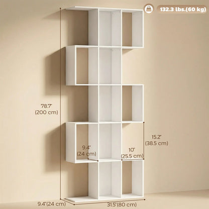 5-Tier Bookshelf, S Shaped Geometric Bookcase, White Wood Grain, White Display Bookshelves at Gallery Canada