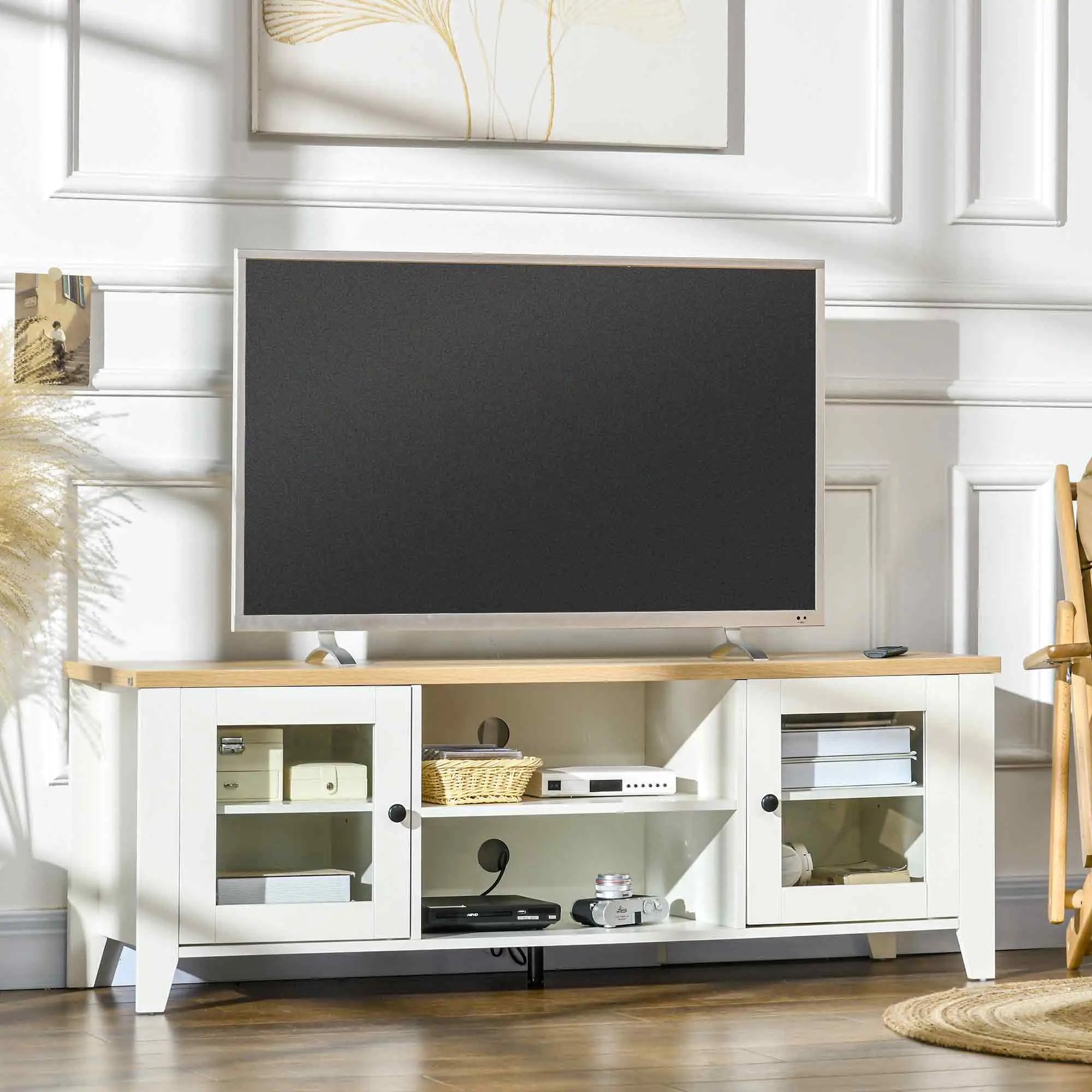 Fireplace TV Stand for 60 Inch TVs, Wood Cabinet with Storage, Oak, White TV Stands at Gallery Canada