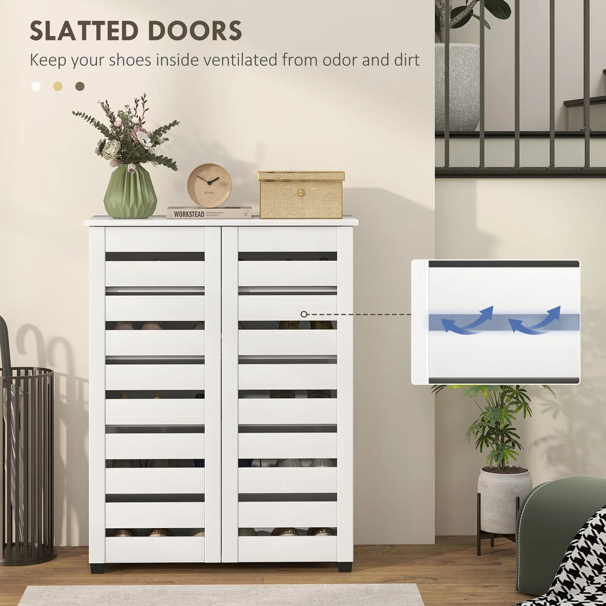 Shoe Storage Cabinet, 2 Slatted Doors, Holds 15 Pairs, White