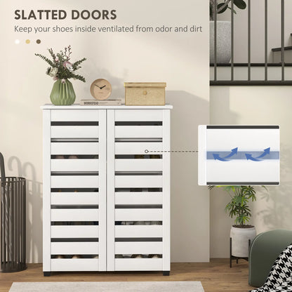 Shoe Storage Cabinet, 2 Slatted Doors, Holds 15 Pairs, White