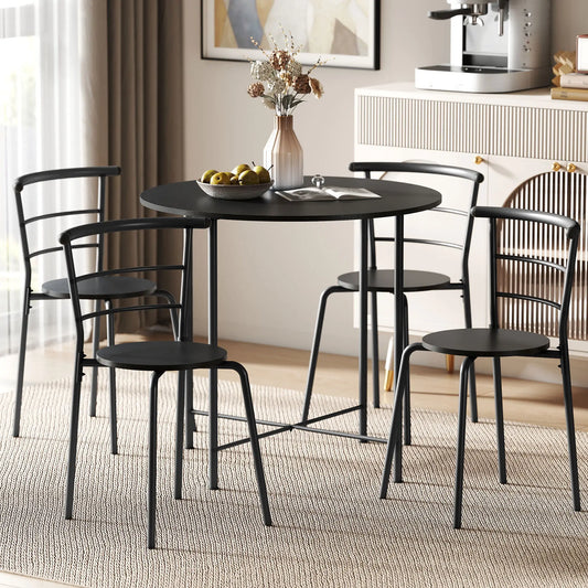 5 Piece Dining Table Set, Round for 4, Metal Frame, Black Wood Grain, Black