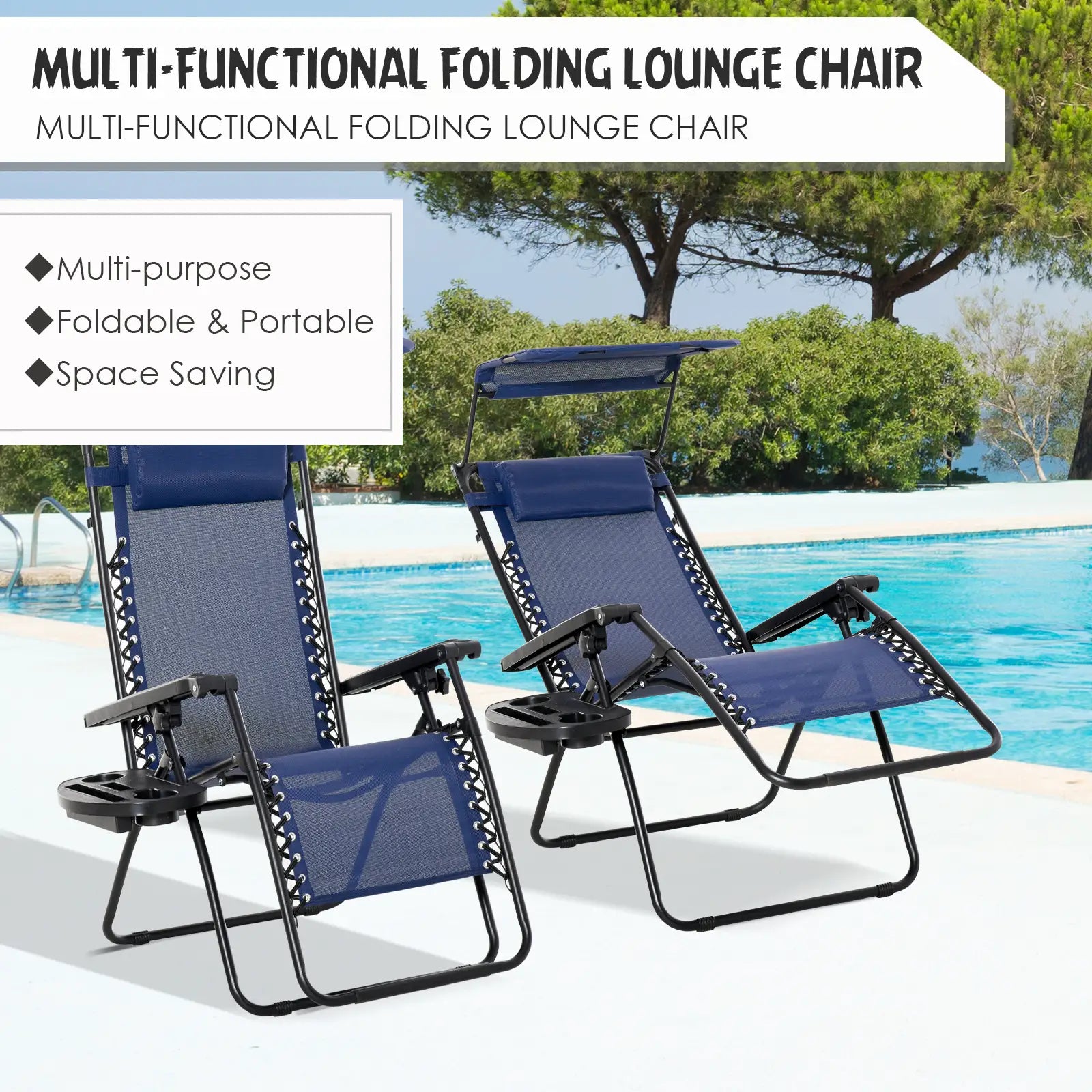 Foldable Lounge Chair with Canopy, Outdoor Zero Gravity Chair, Side Tray, Cup Holder, Blue Outdoor Chaise Lounges at Gallery Canada