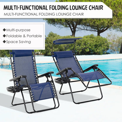 Foldable Lounge Chair with Canopy, Outdoor Zero Gravity Chair, Side Tray, Cup Holder, Blue Outdoor Chaise Lounges at Gallery Canada