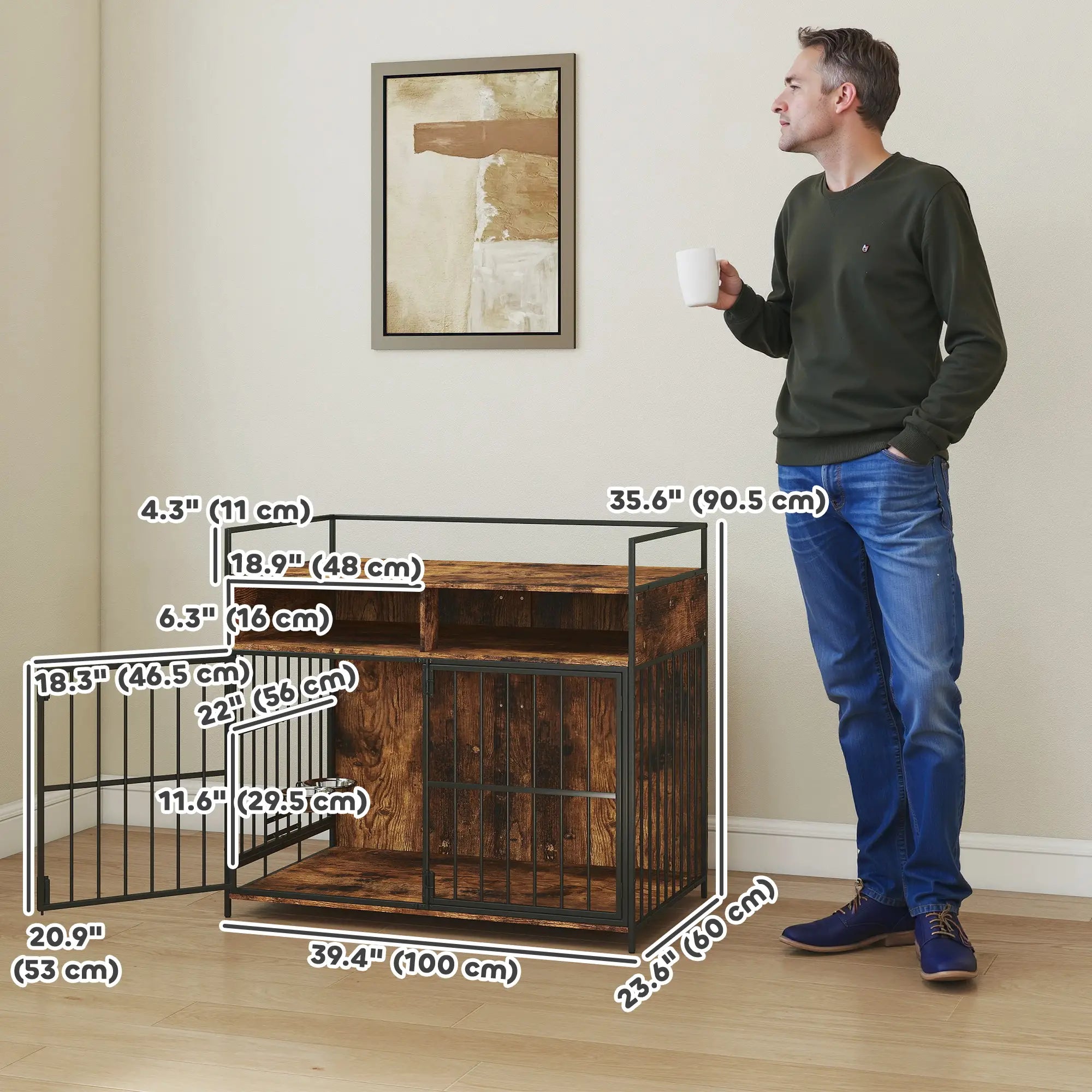 Dog Crate Furniture With Rotating Feeding Station, Rustic Brown Dog Cages & Crates at Gallery Canada