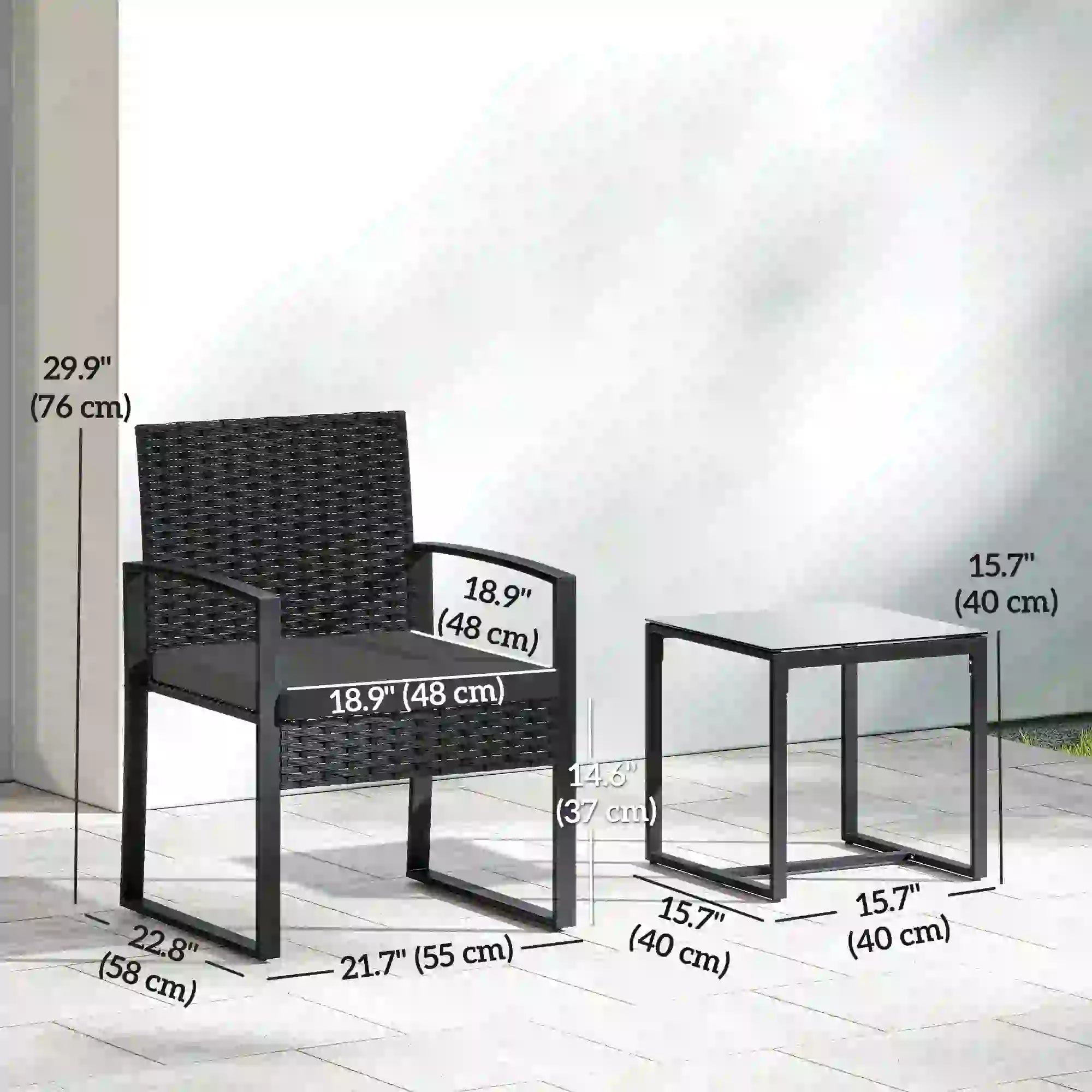 3 Piece Wicker Patio Set, Glass Top Table With Cushions, Black Bistro Sets at Gallery Canada