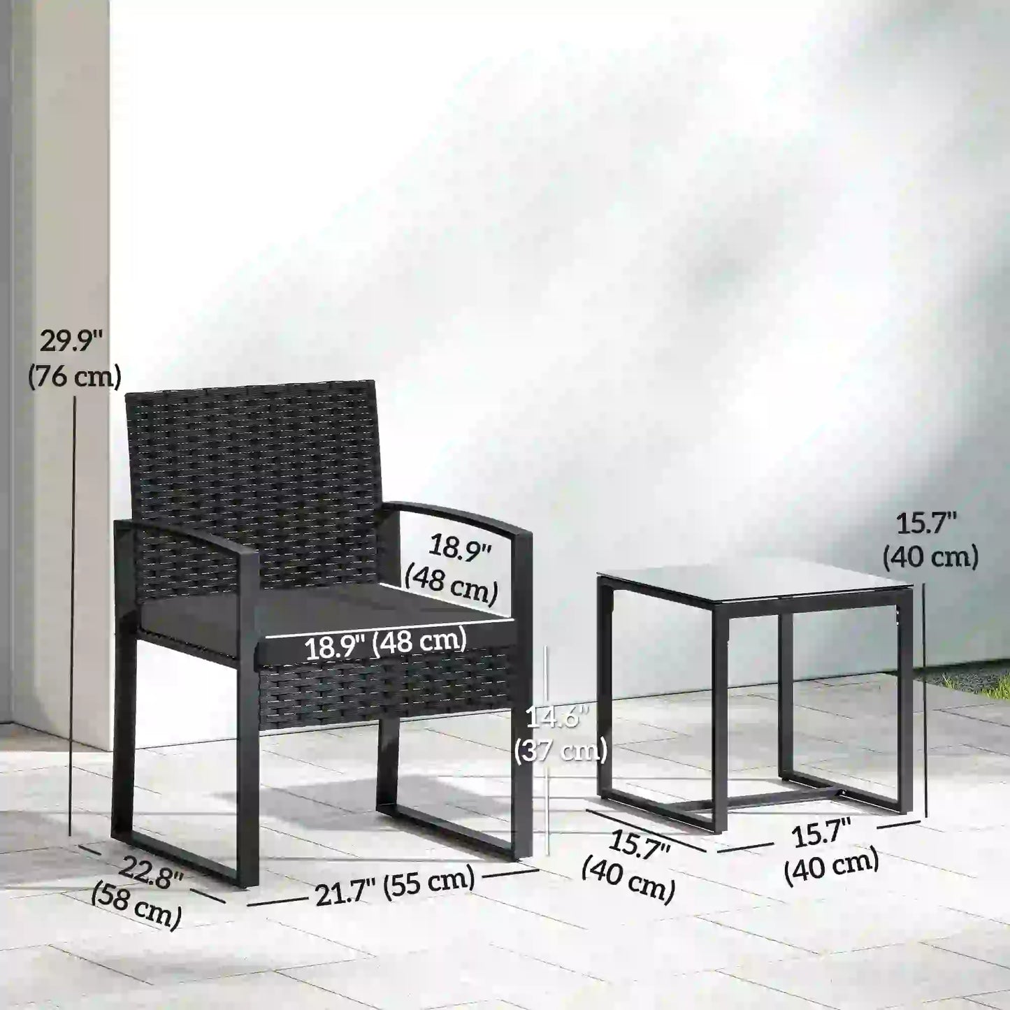 3 Piece Wicker Patio Set, Glass Top Table With Cushions, Black Bistro Sets at Gallery Canada
