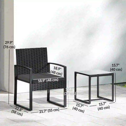 3 Piece Wicker Patio Set, Glass Top Table With Cushions, Black Bistro Sets at Gallery Canada