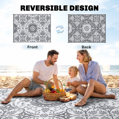 Tapis Extérieur Portable, 9' x 12', Imperméable, Fleur Blanche, Gris