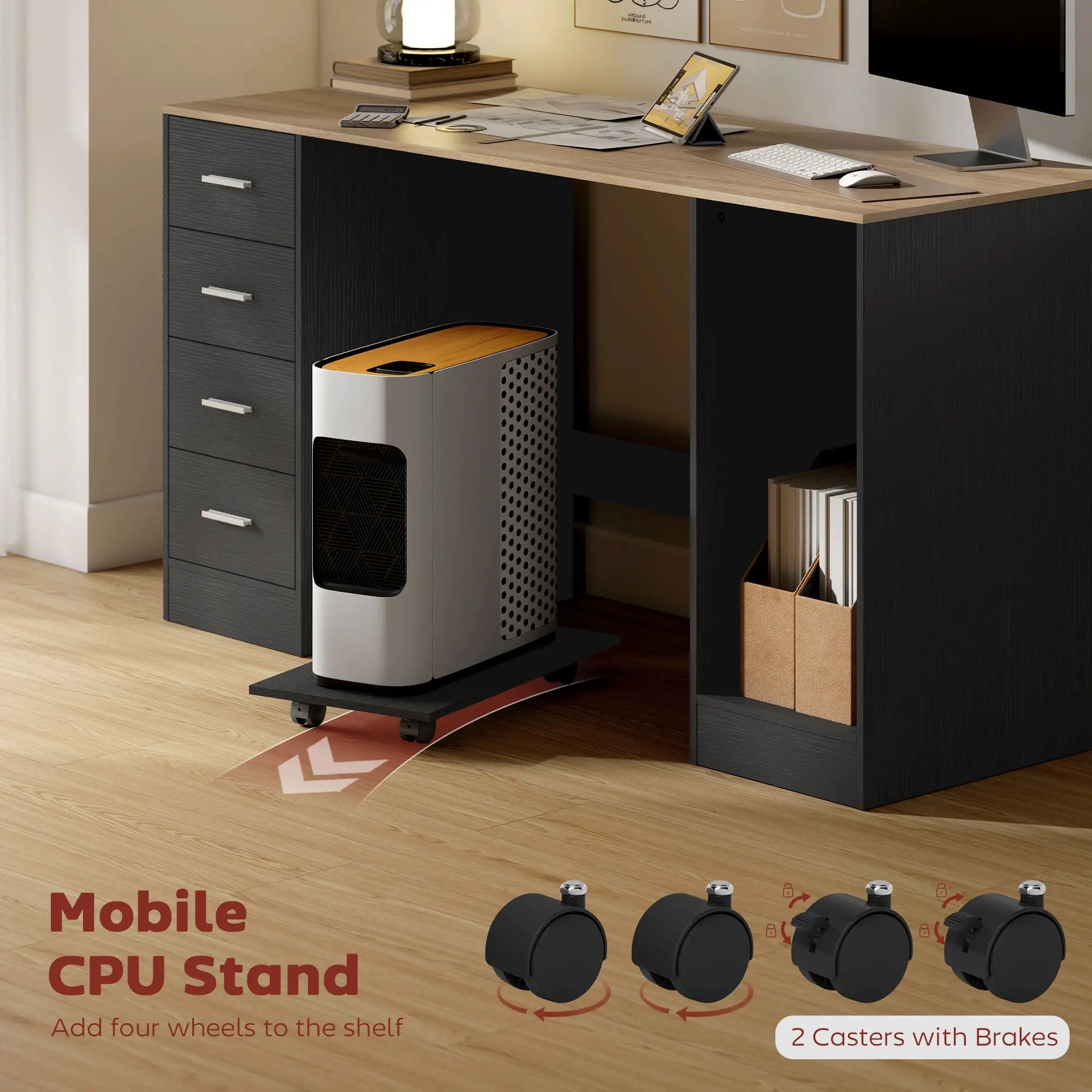 55 Inch Office Desk, Black Wood Grain, 4 Reversible Drawers, Mobile PC Stand, Black Computer Desks at Gallery Canada