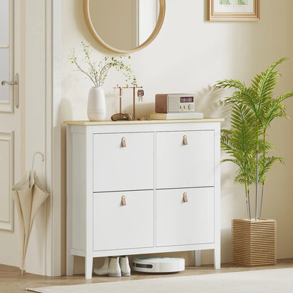 Narrow Shoe Cabinet, 4 Flip Drawers, Adjustable Shelves, White