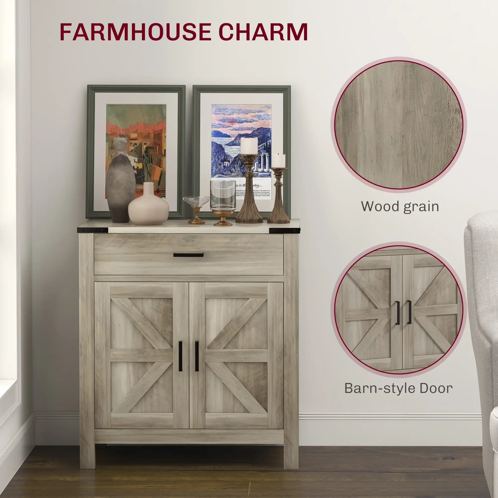 Farmhouse Buffet Cabinet, 1 Drawer, Storage Cabinet, Adjustable Shelf, Grey Bar Cabinets at Gallery Canada