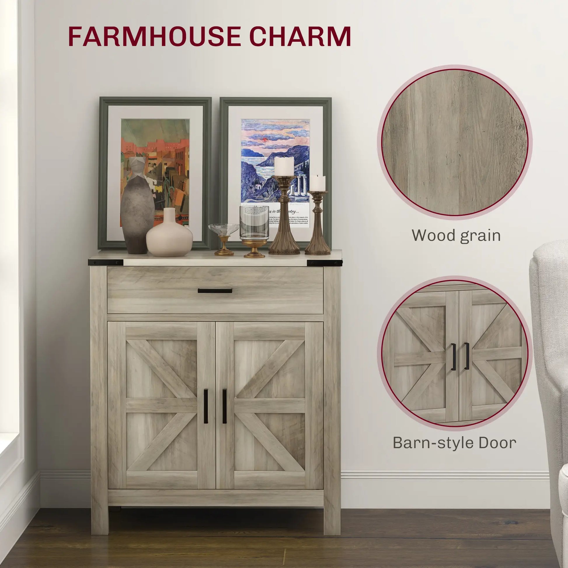 Farmhouse Buffet Cabinet, 1 Drawer, Storage Cabinet, Adjustable Shelf, Grey Bar Cabinets at Gallery Canada