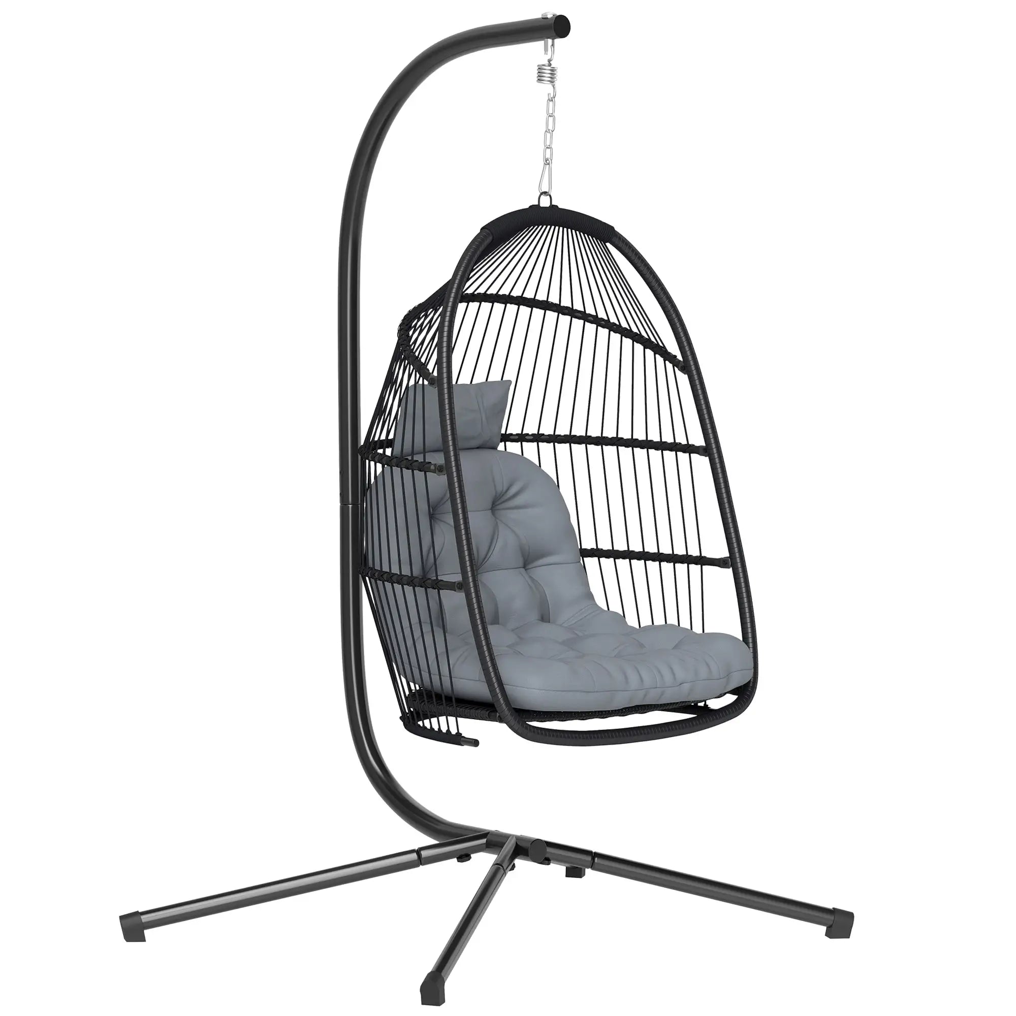 Wicker Egg Swing Chair, Foldable with Stand, UV Resistant Cushion, Headrest, Dark Grey Patio Swings with Stand at Gallery Canada