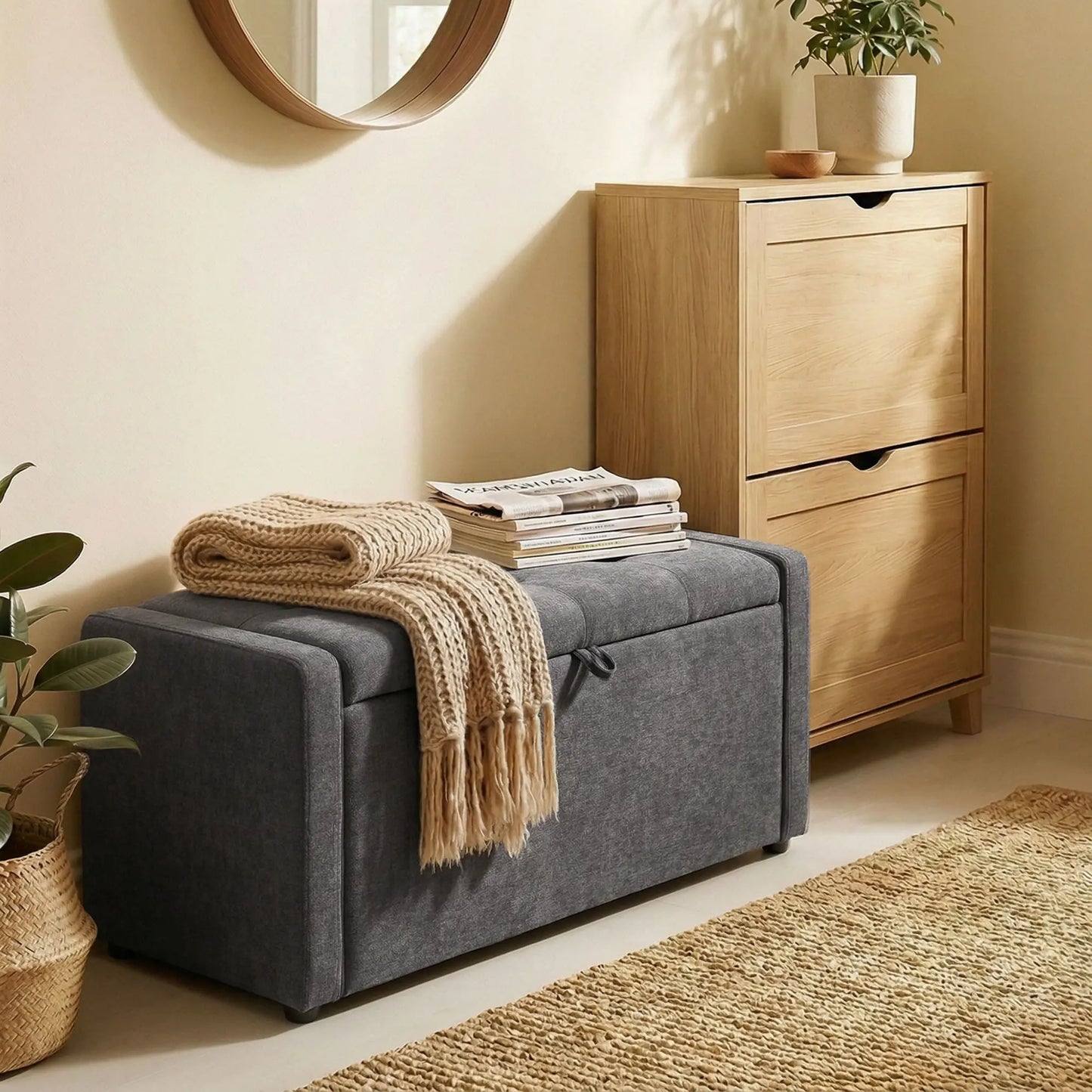 Storage Ottoman Bench, Linen Fabric, Wide Padded Seat, Dark Grey Storage Ottomans & Benches at Gallery Canada