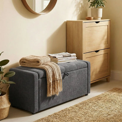 Storage Ottoman Bench, Linen Fabric, Wide Padded Seat, Dark Grey Storage Ottomans & Benches at Gallery Canada