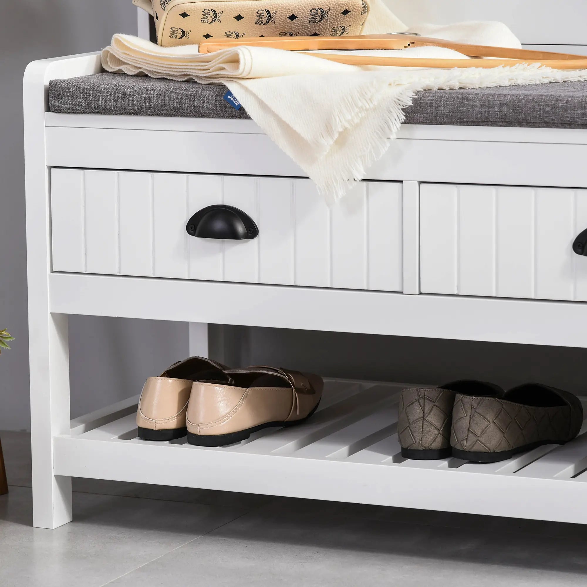 Coat Rack Shoe Bench, Entryway Storage with 4 Hooks, 2 Drawers, 2 Shelves, White Clothing Storage at Gallery Canada