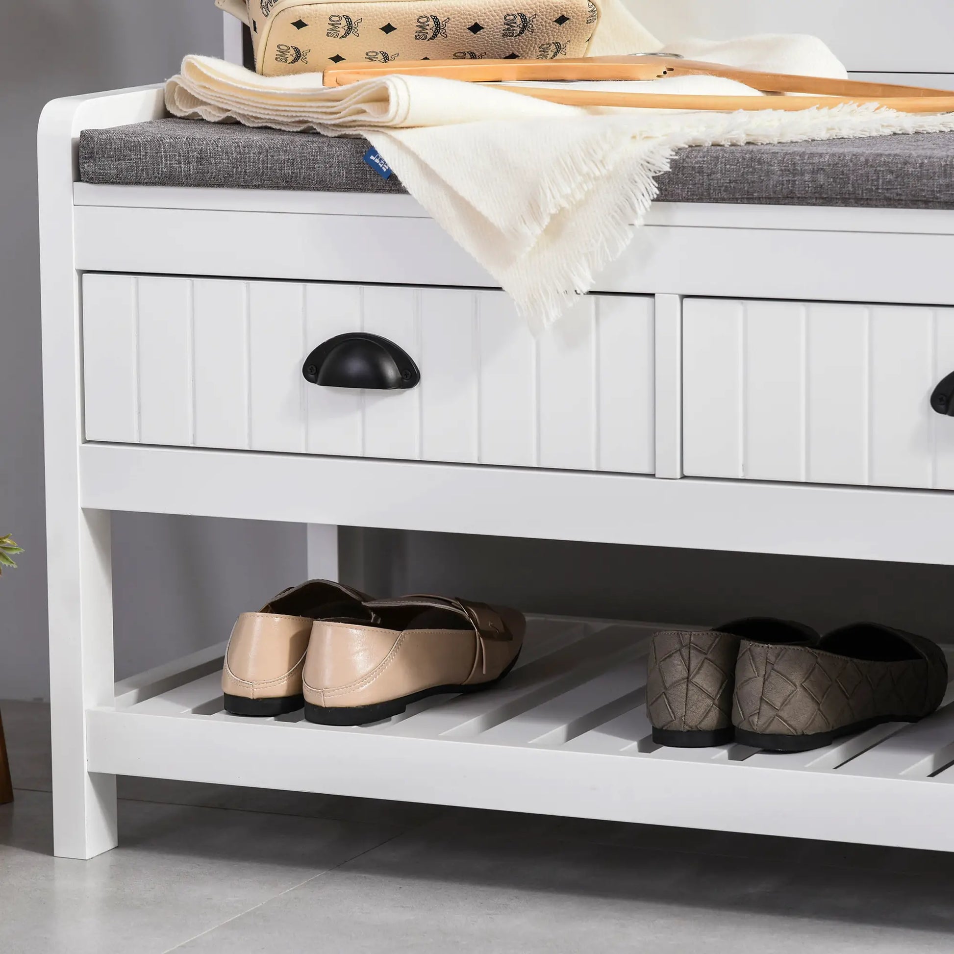 Coat Rack Shoe Bench, Entryway Storage with 4 Hooks, 2 Drawers, 2 Shelves, White Clothing Storage at Gallery Canada