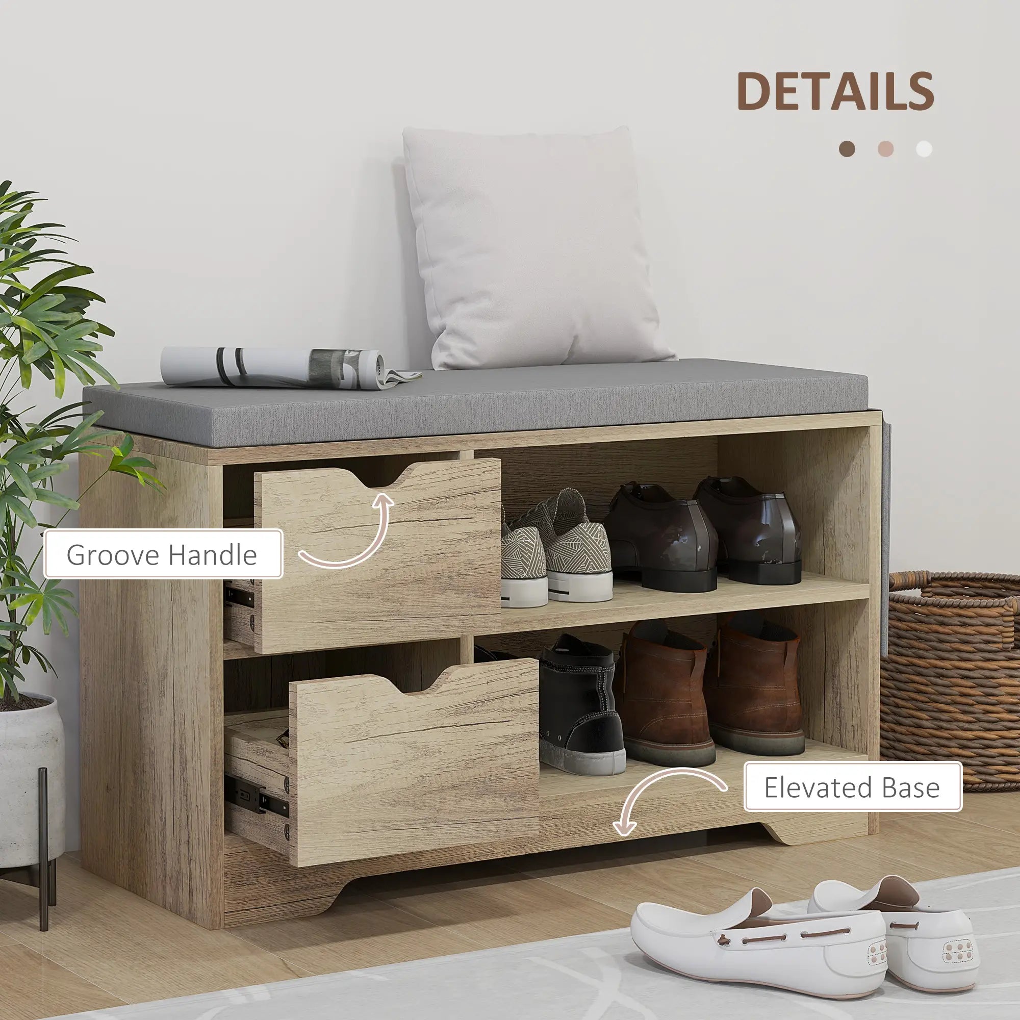 Upholstered Shoe Storage Bench With Seat, Drawer, Open Shelves, Grey Shoe Storage Cabinets & Racks at Gallery Canada