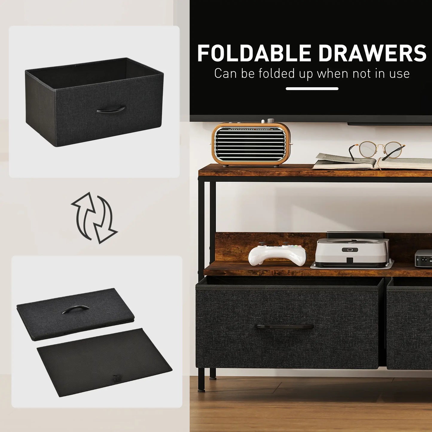 TV Stand With Charging Station, 2 Foldable Linen Drawers, Open Shelf, 47 Inch, Rustic Brown, Brown TV Stands at Gallery Canada