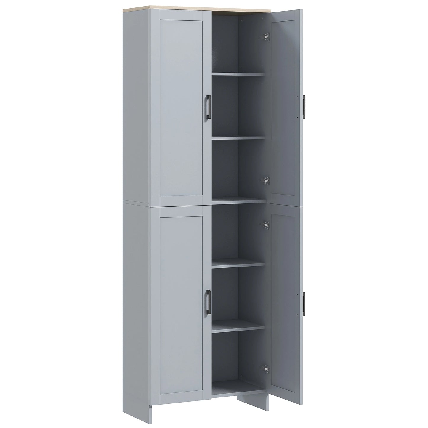 67" 4-Door Kitchen Pantry Cabinet, Freestanding, Adjustable Shelves, Grey Kitchen Pantry Cabinets Grey and Natural Wood Effect Top at Gallery Canada