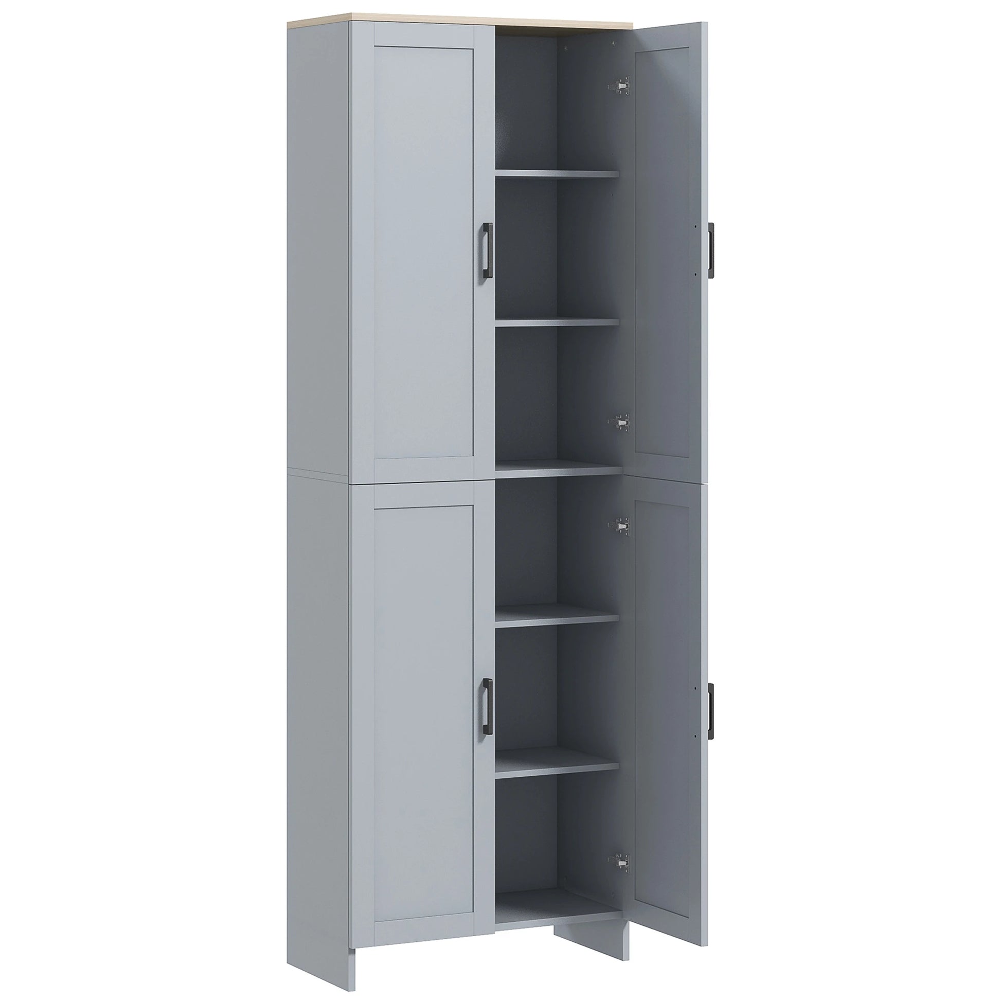 67" 4-Door Kitchen Pantry Cabinet, Freestanding, Adjustable Shelves, Grey Kitchen Pantry Cabinets Grey and Natural Wood Effect Top at Gallery Canada