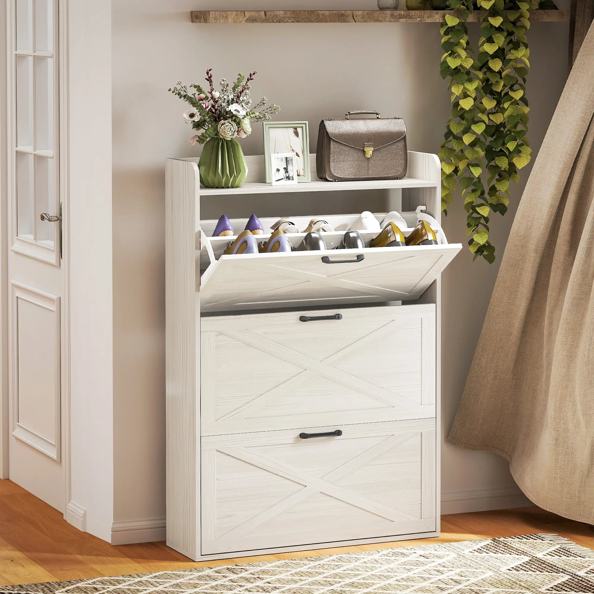 Narrow Shoe Storage Cabinet, 3 Flip Drawers, Adjustable Shelves, White Oak Shoe Storage Cabinets & Racks at Gallery Canada