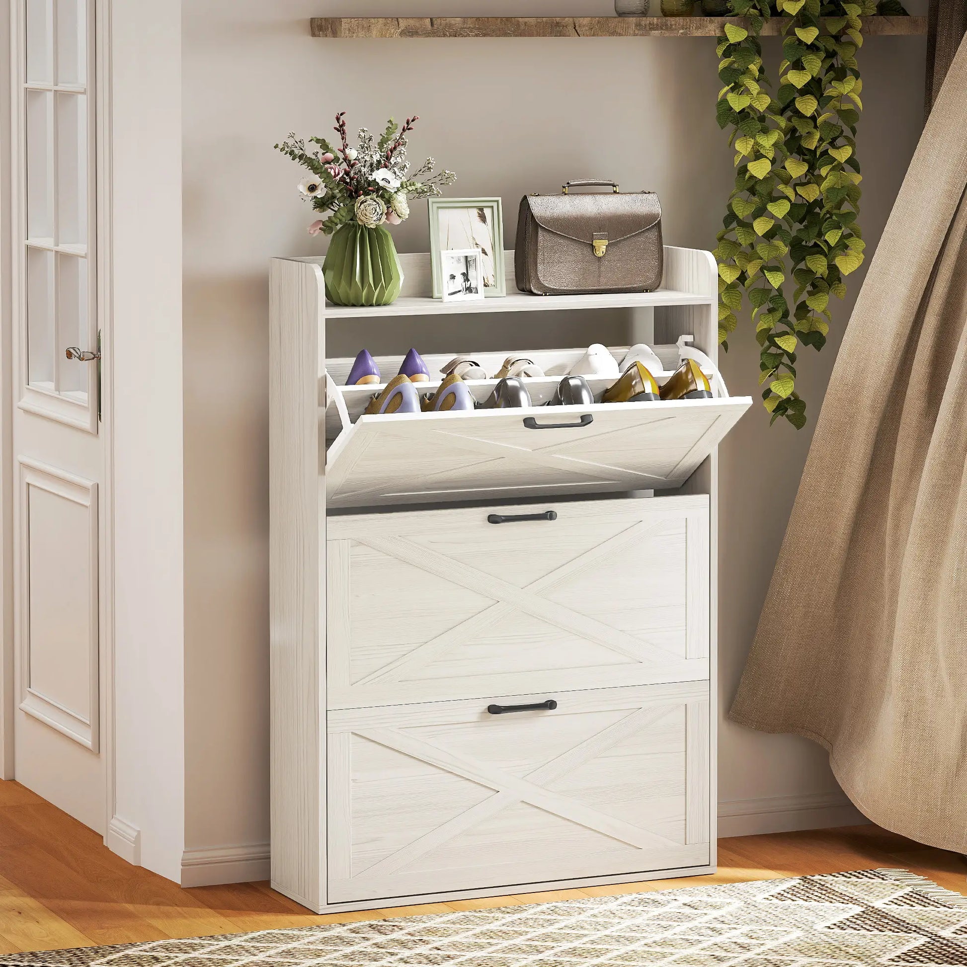 Narrow Shoe Storage Cabinet, 3 Flip Drawers, Adjustable Shelves, White Oak Shoe Storage Cabinets & Racks at Gallery Canada