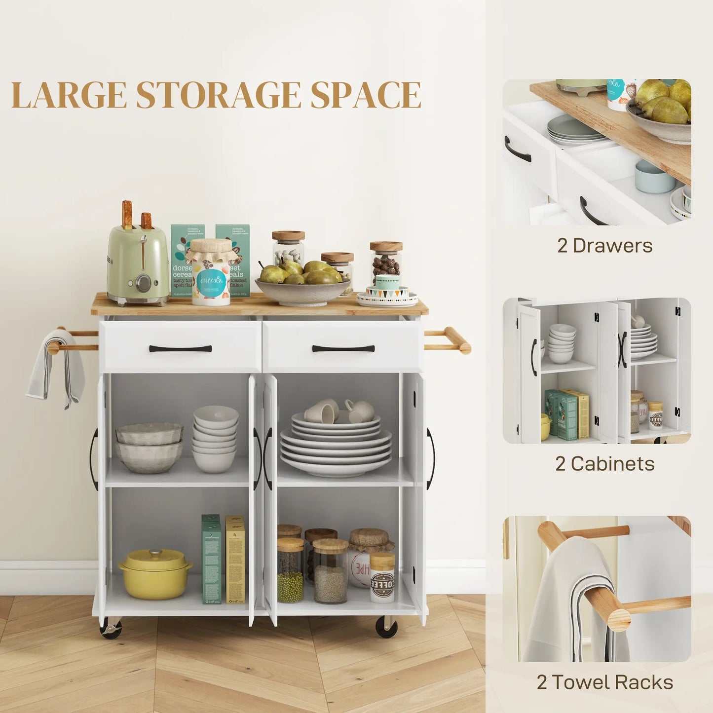 Kitchen Island on Wheels, Rubberwood Top, 2 Drawers, 4 Doors, Adjustable Shelves Kitchen Islands & Kitchen Carts at Gallery Canada