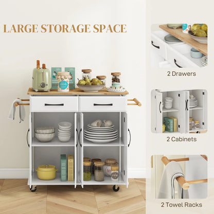 Kitchen Island on Wheels, Rubberwood Top, 2 Drawers, 4 Doors, Adjustable Shelves Kitchen Islands & Kitchen Carts at Gallery Canada