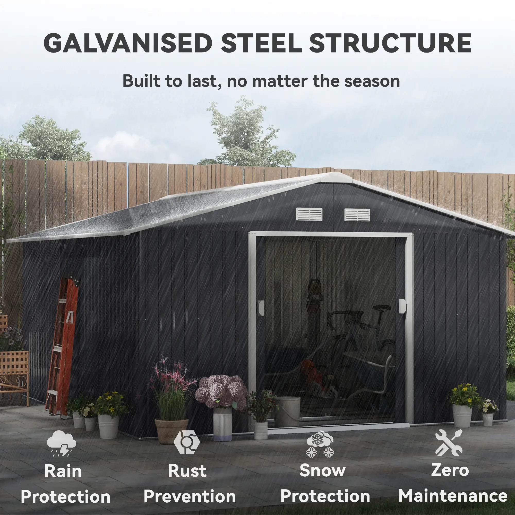 11.2ft x 12.5ft Garden Storage Shed, 4 Vent Slots, Double Sliding Door, Grey Sheds at Gallery Canada