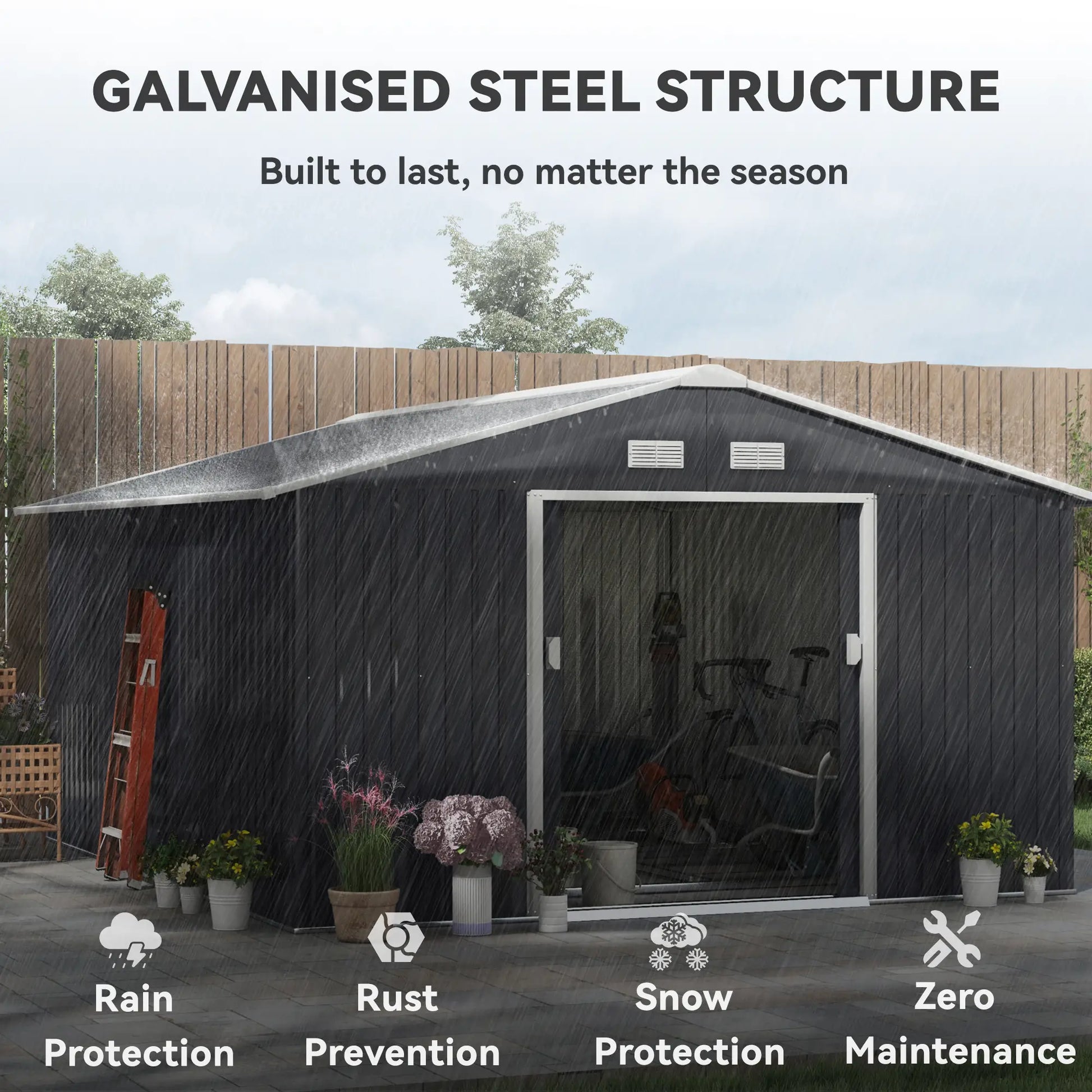 11.2ft x 12.5ft Garden Storage Shed, 4 Vent Slots, Double Sliding Door, Grey Sheds at Gallery Canada