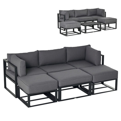 6 Piece Patio Furniture Set, Sectional Outdoor Daybed, Aluminum Frame, Grey