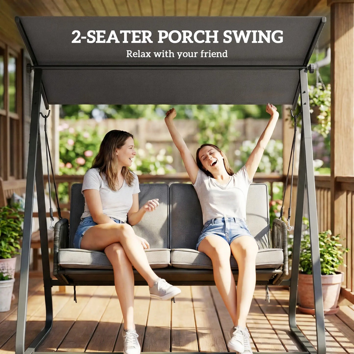 2-Person Outdoor Swing, Adjustable Canopy, Rattan Bench With Cushions Patio Swings with Stand at Gallery Canada
