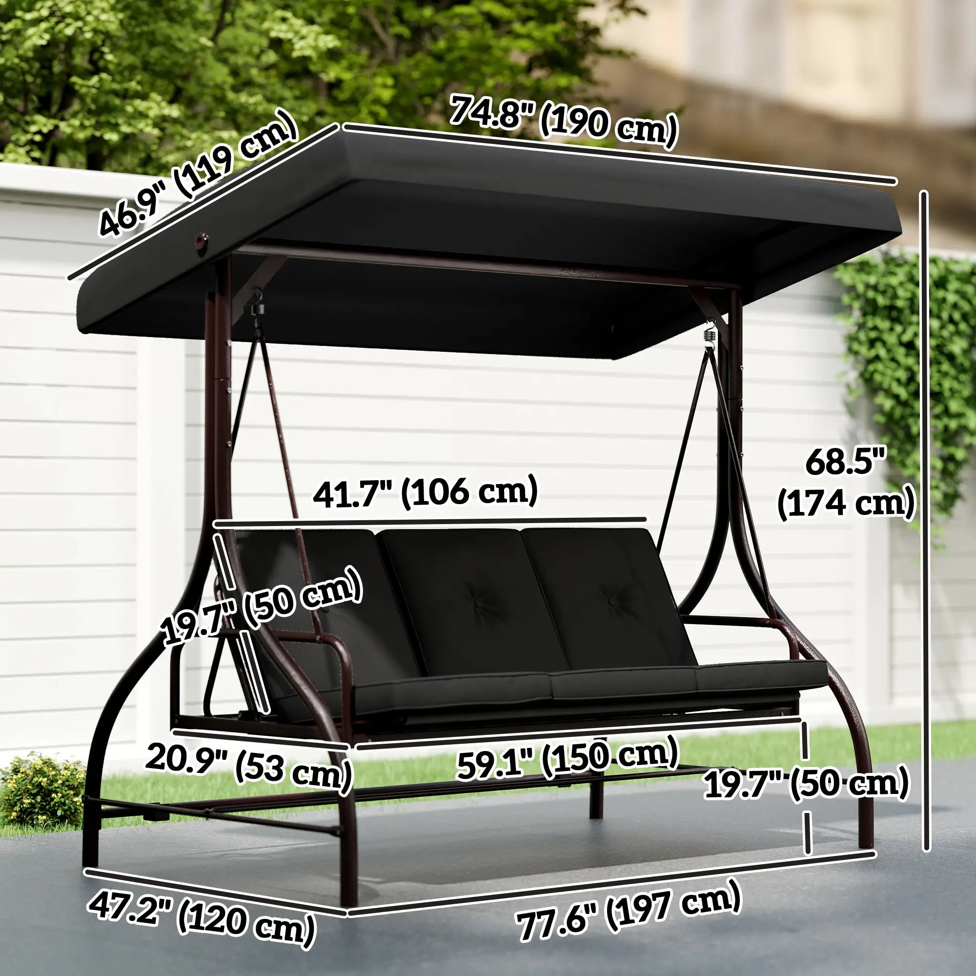 Convertible Patio Swing Bed With Canopy, Cushions, 3 Seater, Black Patio Swings with Stand at Gallery Canada