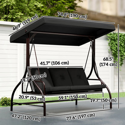 Convertible Patio Swing Bed With Canopy, Cushions, 3 Seater, Black Patio Swings with Stand at Gallery Canada