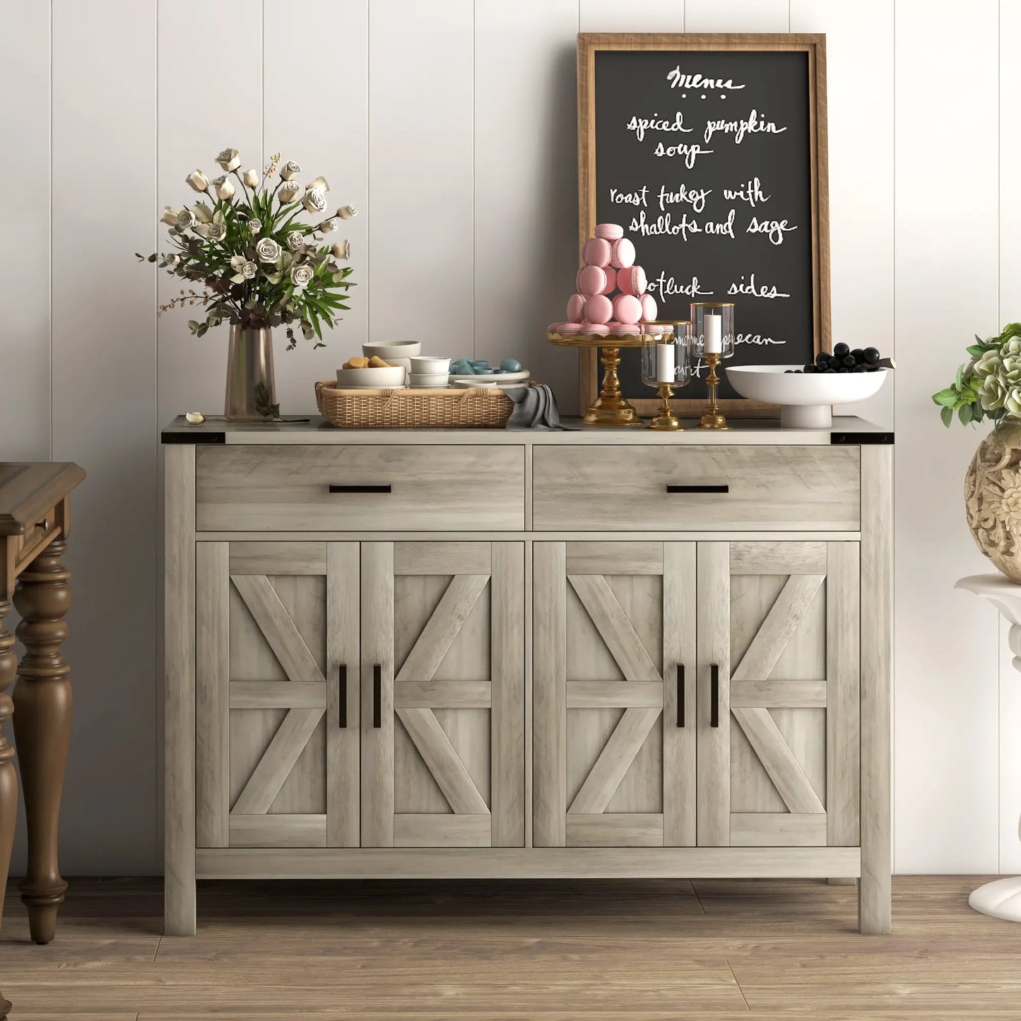 Farmhouse Buffet Cabinet, 2 Drawers, 2 Cabinets, Adjustable Shelves, Grey Bar Cabinets at Gallery Canada